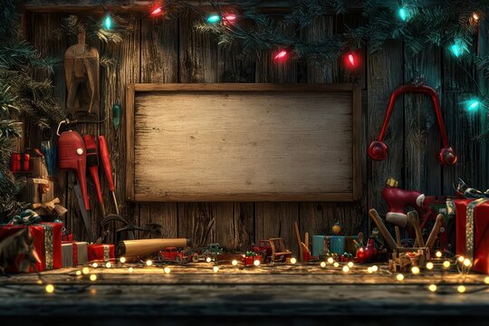 Illustrate a lively Santa Claus workshop with a signboard amidst toys and lights.