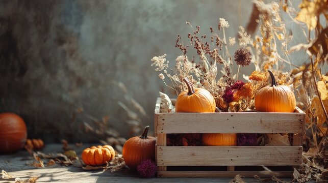 An empty scene featuring a decorative wooden crate filled with pumpkins and dried flowers, creating an ideal product mockup space, with ample copy space for text, 