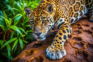 Obraz premium Majestic Jaguar Paw Print in the Wild - Nature's Beautiful Footprint Captured in Detail for Wildlife Enthusiasts and