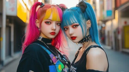 Obraz premium Anime-inspired fashion trends incorporating colorful wigs, dramatic makeup, and layered clothing into modern outfits