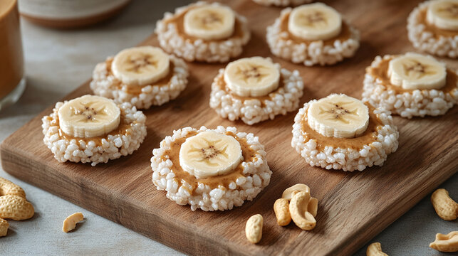 An array of puffed rice cakes, spread with peanut butter and topped with banana slices, placed on a wooden cutting board.