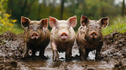 Three pigs walk through muddy water. This image can be used to illustrate the concept of agriculture, animal husbandry, or farm life.