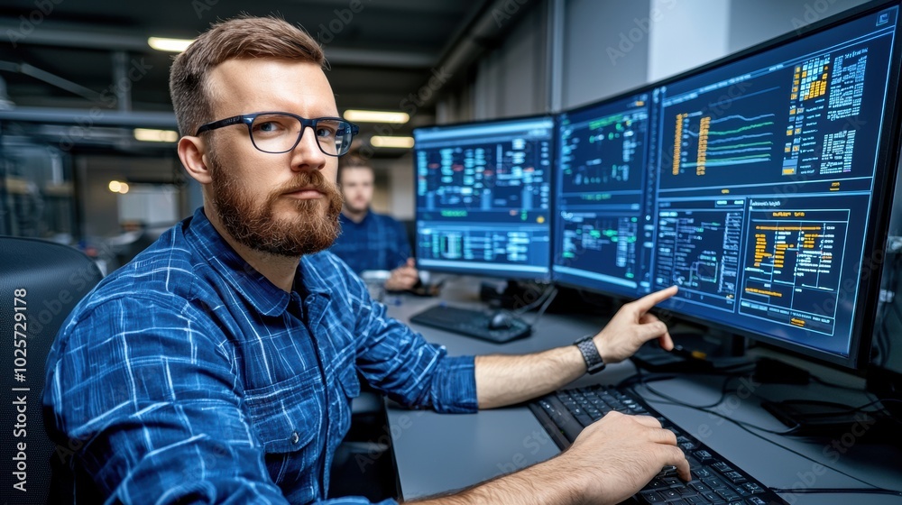 Poster focused data analyst using multiple monitors for work