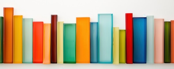 Colorful glass book shapes arranged in a row on a white background.