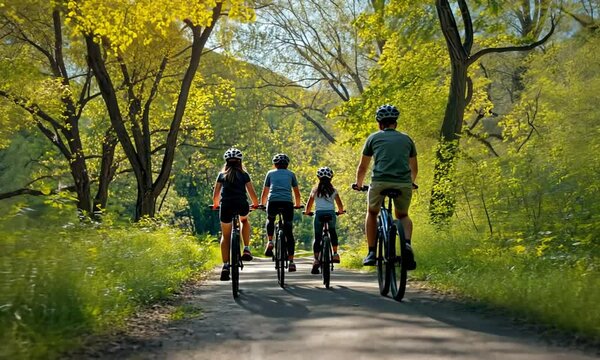 Families biking together on a sunny path through a green park.