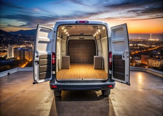 Empty van featuring rear doors fully open, ideal for transporting and moving needs, providing ample space and easy accessibility to load and unload items effortlessly.