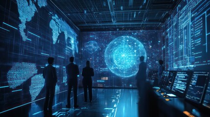 AI research team in a futuristic lab, developing next-gen machine learning systems with immersive displays and data analysis tools