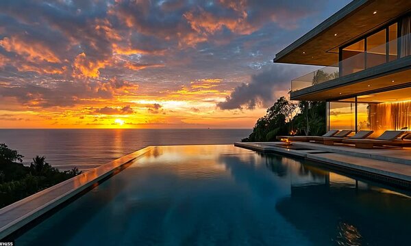 Luxurious villa overlooking a sunset with an infinity pool.