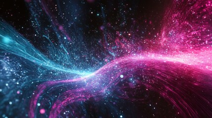 Abstract background with blue and pink light streaks and particles.