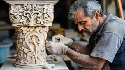 A traditional artisan carving ornate patterns into stone pillars, preserving a centuries-old craft passed down through generations