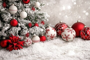 Festive Christmas tree with red white ornaments in snowy setting