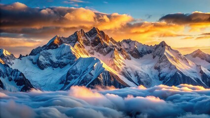 Obraz premium Experience the magnificent aerial view of a snow-dusted mountain range bathed in the warm glow of sunrise, epitomizing natureâ€™s breathtaking beauty and splendor.