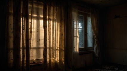 Mysterious Abandoned House with Faint Light Behind Tattered Curtains
