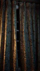 Mysterious Abandoned House with Faint Light Behind Tattered Curtains