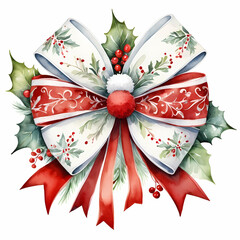 a watercolors painting of a bow decorated in red and white with fluffy white trim with holly leaves and berrieson white background.