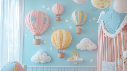 Whimsical hot air balloonthemed nursery with playful wall art, pastel colors, and cloudshaped shelves, magical and fun, side view