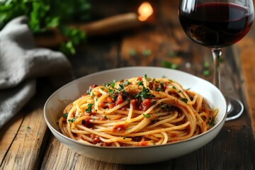 Delicious spaghetti with tomato sauce and herbs, served with a glass of red wine on a rustic wooden table.