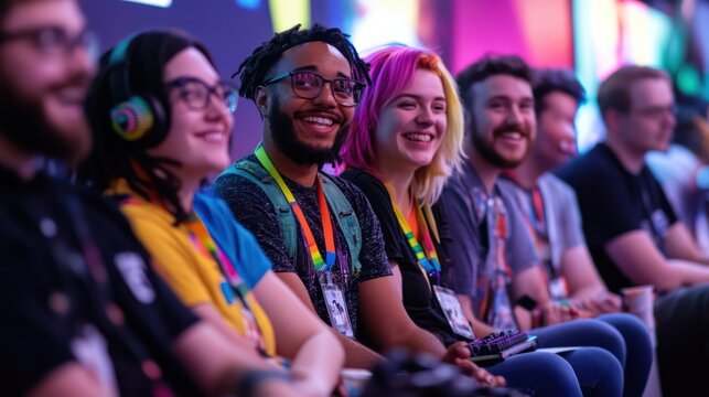 A diverse group of LGBTQ gamers at a convention panel discussing inclusion, representation, and the importance of safe gaming spaces