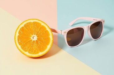 Minimal style composition made of trendy sunglasses and slice of orange fruit on pastel geometric background