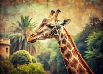 Fototapeta premium Explore the enchanting world of vintage giraffes at an Italian zoo, a haven for nature enthusiasts eager to appreciate these majestic animals in tranquility.