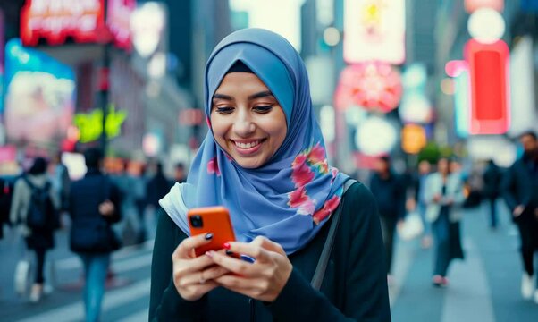Syrian Woman Smiling and Using Mobile Phone on Tokyo Street