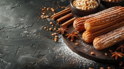 Fototapeta premium Delicious churros with cinnamon and sugar elegantly arranged on a rustic wooden board. Generative AI