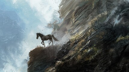 Obraz premium A lone horse on a rocky cliffside with a misty background