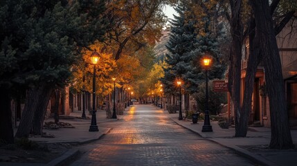A quiet, tree-lined street with glowing streetlights in a small town at dusk.