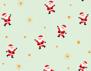 christmas vector pattern design of santa figures running with stars and fireworks on the background