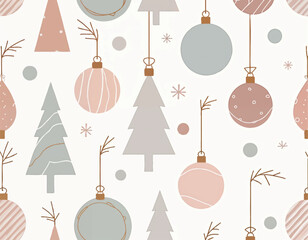 a christmas vector pattern collection of christmas trees and ornaments on a clean beige background