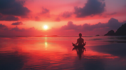 A powerful portrait of a person meditating at sunrise on a peaceful beach, embodying calmness and self-reflection