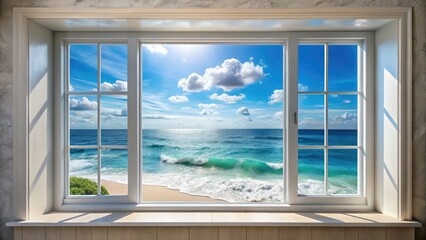 Obraz premium Gorgeous sea view framed by a window, creating an idyllic coastal sanctuary perfect for unwinding while enjoying the soothing embrace of nature's melody.