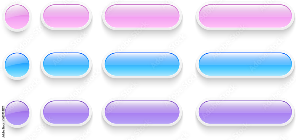 Aufkleber buttons set for user interface, simple purple blue 3d modern buttons design for mobile, web, social 