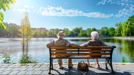 Social Security - Elderly Couple Holding Hands on Park Bench, Embracing Peace and Security in Retirement