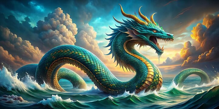 Majestic Midgard Serpent Coiling Through the Ocean Depths, a Symbol of Norse Mythology and Ancient Legends