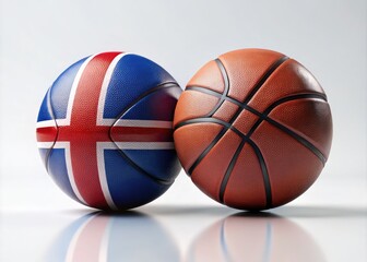 Iceland and France flag-embellished basketballs displayed on a white canvas, creating a striking visual for urban exploration photography with a unique cultural twist.