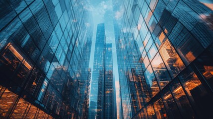 Fototapeta premium Low angle view of modern skyscrapers with glass facades reflecting the blue sky.