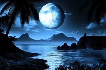 Serene moonlit tropical beach with silhouetted palms