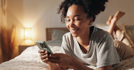 Woman, chat and phone on bed for social media surfing in home, typing message and notification....