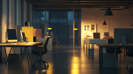 With no staff, a contemporary office area with tables, seats, computers, and office supplies