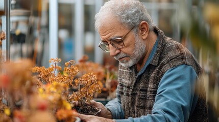 Man with a white hat and a brown vest is smiling in front of a field of orange leaves. old middle eastern man looking at brown dying plants in greenhouse