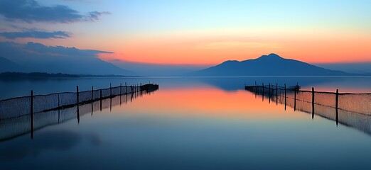 Obraz premium Calm lake reflecting a sunset over mountains with fence posts.