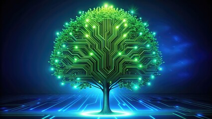 In a striking dark blue glow, a circuit tree represents a futuristic vision of nature, merging advanced technology with organic elements to evoke awe and inspiration.