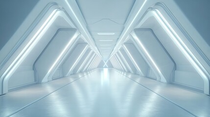 Obraz premium Empty futuristic white hallway with glowing LED lights, modern sci-fi architecture, clean minimalist design, bright corridor, geometric shapes, futuristic interior, sleek futuristic passageway
