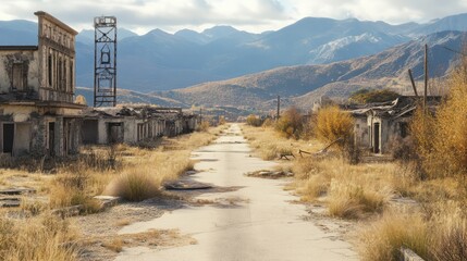 Fototapeta premium A ghost town in an uninhabited region, where tourists wander through empty streets and decayed structures.