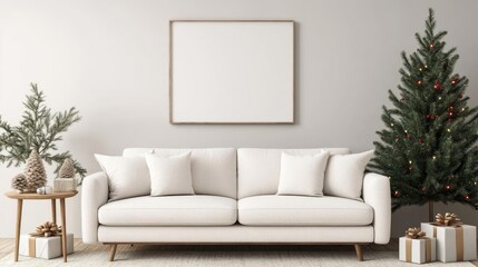 Living room with neutral Christmas decor, subtle and serene holiday style, 3D illustration