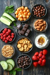 healthy snack food fruits, nuts and veggies
