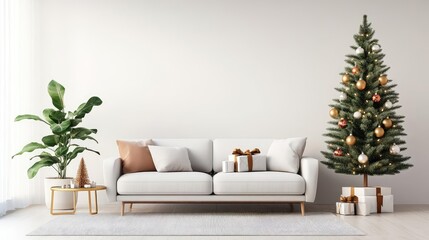 Small apartment living room with compact Christmas tree and festive accents, 3D illustration