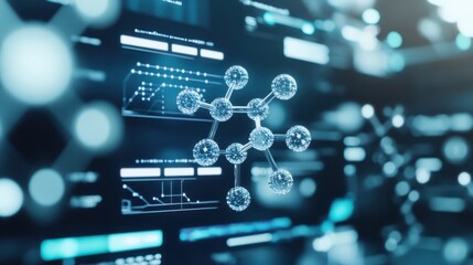 Fototapeta premium Conceptual image of virtual drug screening, with a central floating molecular model surrounded by swirling screens of drug interactions, code, and digital readouts