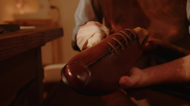 Shoemaker polishes leather shoe with wax in workshop. Shoe small business, pre-sale preparation of footwear products.
